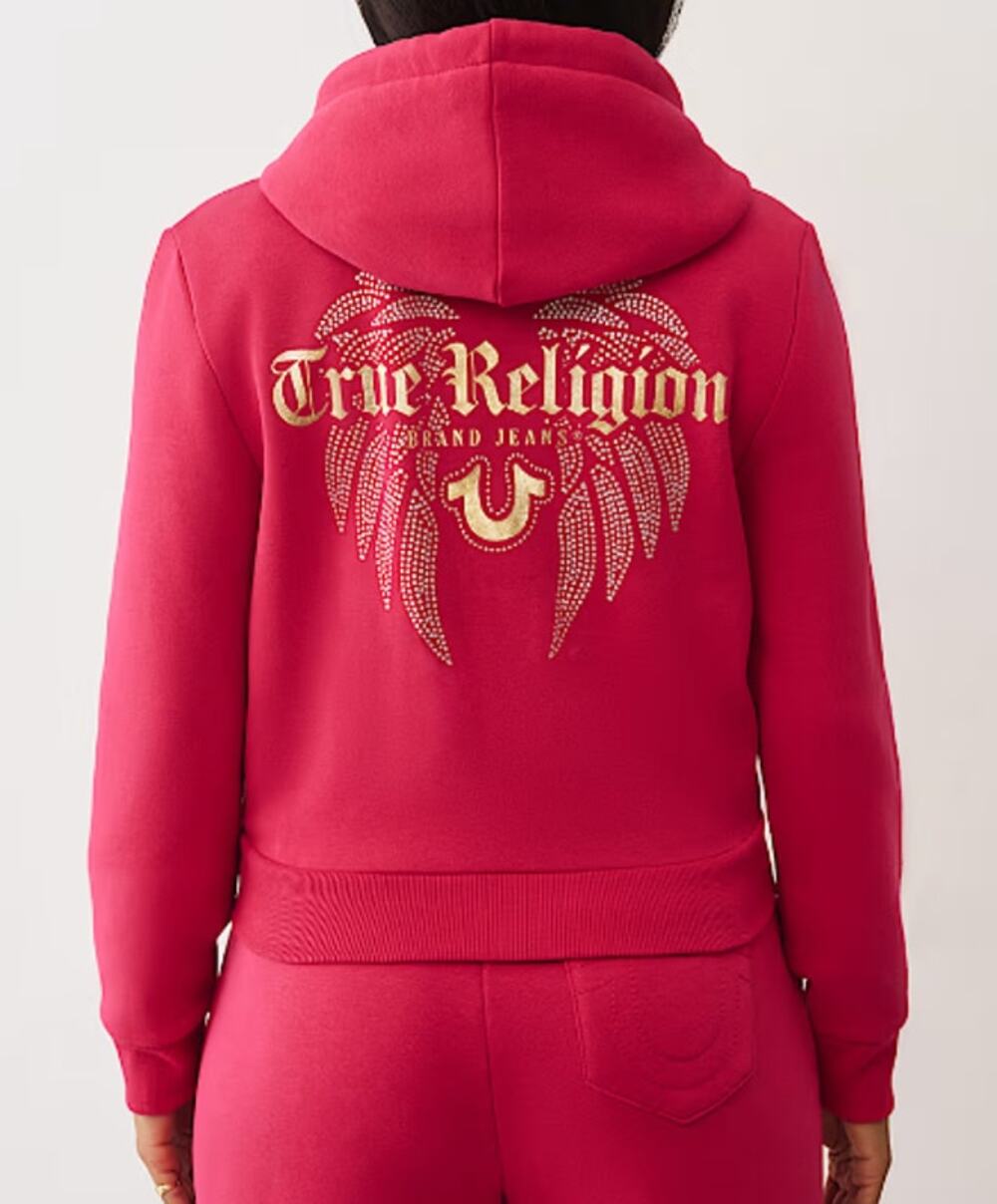 True Religion Shrunked Wings Rhinestone Zip Hoodie Pink Size L NWT
